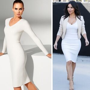 Wolford Merino Rib V-Neck Ivory Midi Dress XS Virgin Wool Cotton Stretch